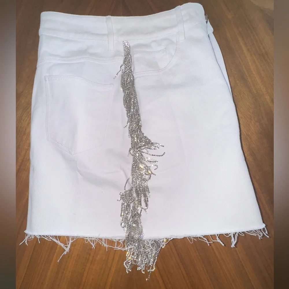 HOUSE OF MUAMUA Crystal Fringe White Denim Skirt